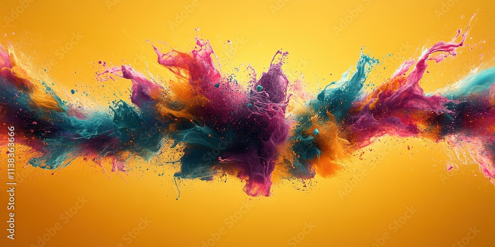 Poster colorful explosion of vibrant paint splashes creating dynamic patterns against a bright yellow backg