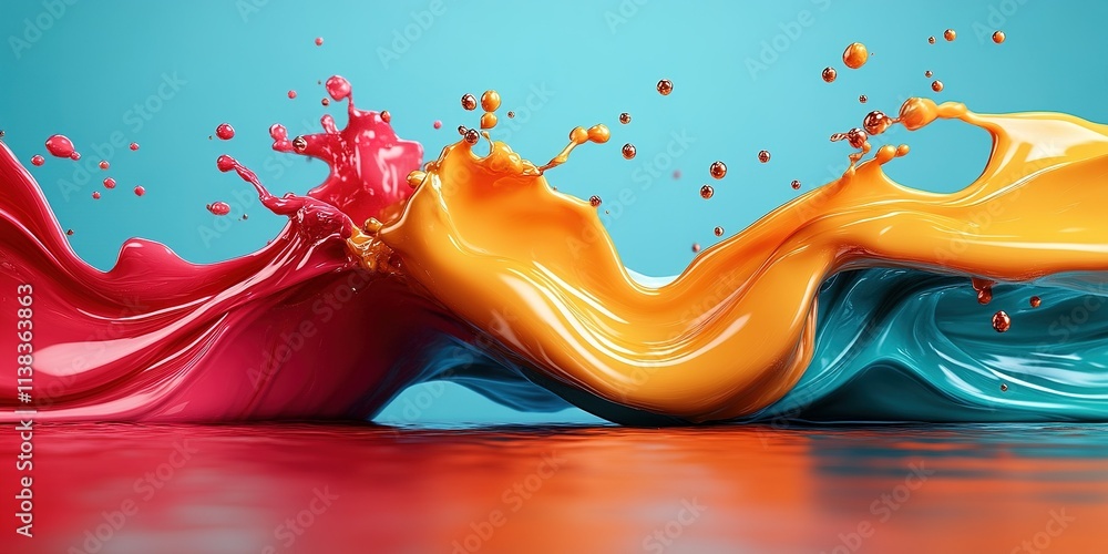 Poster vibrant splashes of colorful paint creating dynamic waves against a blue backdrop in a creative sett