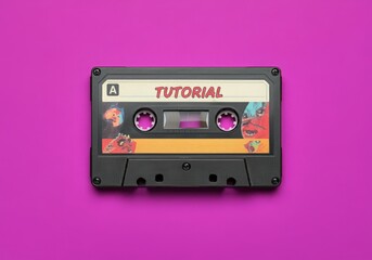 Fototapeta premium Cassette Tape on a Bright Purple Background with a word Tutorial