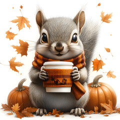 Cute squirrel in autumn striped scarf surrounded by pumpkins, autumn leaves, drinking pumpkin spice coffee, cartoon style, white background