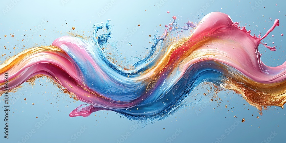 Poster colorful splashes of paint create a vibrant abstract design with flowing waves on a light blue backg