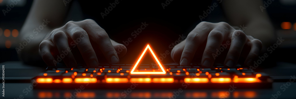 Poster cybersecurity warning, hands typing on glowing keyboard with triangle alert