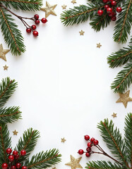 A minimalist flat lay Christmas frame with fresh green spruce, delicate gold stars, red berries, and subtle fairy lights arranged symmetrically, leaving white space in the center for text.