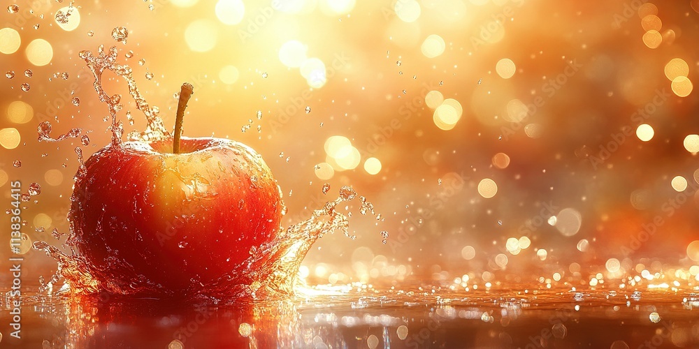 Poster fresh red apple splashes into water creating an enchanting display of droplets and sunlight