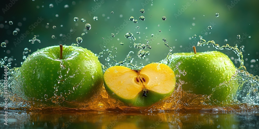 Poster fresh green apples splashing in water create a vibrant and refreshing visual display of nature's bou
