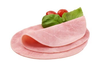 Thinly Sliced Ham, boiled sausage, isolated on white background.