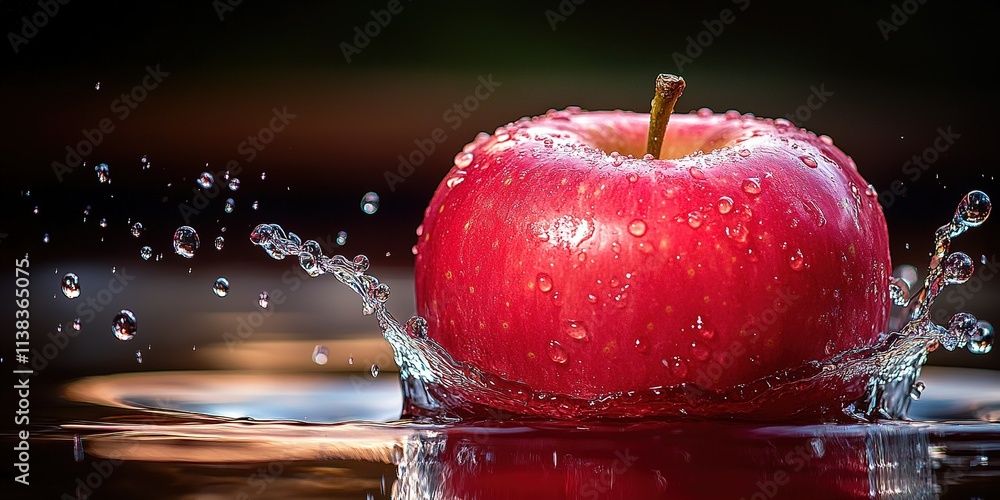 Poster red apple splashes into water creating ripples and droplets in a dynamic display of freshness and vi