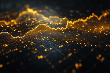 Abstract golden digital wave particles flow.