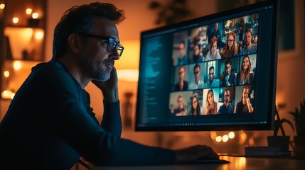 Man in glasses on video conference call at night.