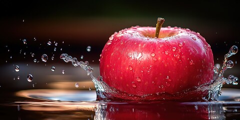 Red apple splashes into water creating ripples and droplets in a dynamic display of freshness and vitality
