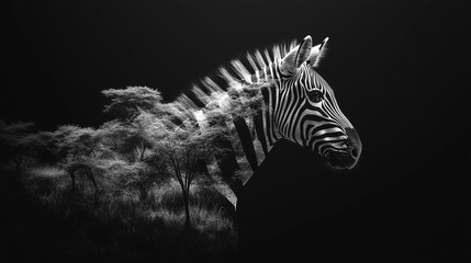 Naklejka premium Zebra black and white portrait Double Exposure serengeti grass trees African wild animal Zebras shallow depth of field Home interior poster or painting canvas design template