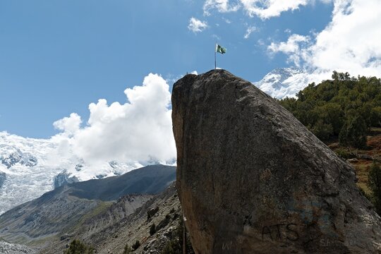 View of the Nanga Parbat mountain massif, North peak 7,816 meters high from Behal village. Rakhiot valley. Himalayan mountains. Gilgit-Baltistan region. Pakistan. Asia.