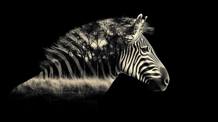 Naklejka premium Zebra black and white portrait Double Exposure serengeti grass trees African wild animal Zebras shallow depth of field Home interior poster or painting canvas design template