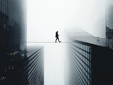 A tightrope walker crossing between skyscrapers with no safety net, highlighting daring ventures and potential loss