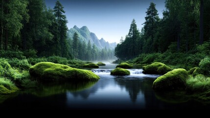 Obraz premium Serene landscape with moss-covered rocks and tranquil water.