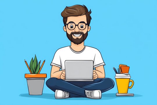 A playful 2D drawing of an IT expert surrounded by colorful gadgets and screens, illustrating a dynamic and approachable expert persona