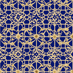 Obraz premium Seamless islamic pattern for ramadan celebration digital artwork blue and gold decorative design cultural heritage