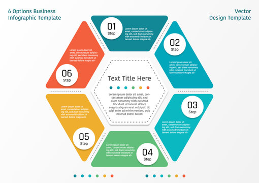 6 options business infographic template, theme of divided hexagon shape with text frame and number