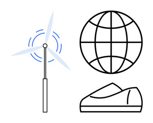 Wind turbine generating energy, globe symbolizing worldwide connectivity, and high-speed train transport. Ideal for themes of sustainability, technology, transportation, global commerce