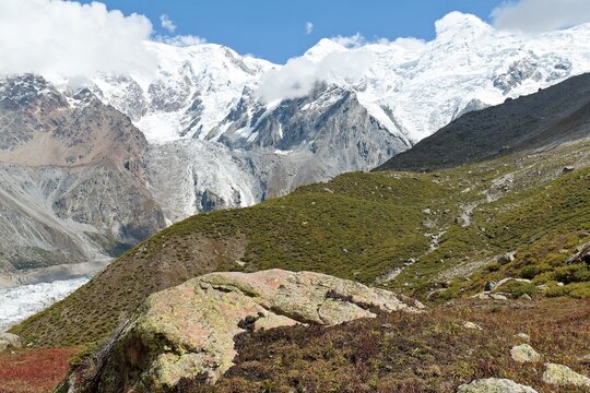 View of Chongra peaks from Nanga Parbat Base Camp. Rakhiot valley. The Himalayan Mountains. Gilgit-Baltistan region. Pakistan. Asia.