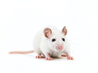 Curious white rat exploring a bright white surface in a studio setting during daylight hours
