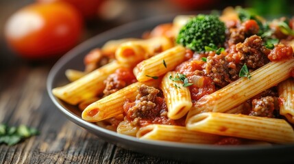 Close-up of penne pasta with meat sauce and broccoli florets on a plate.