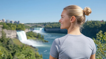 Fototapeta premium Caucasian tourist woman traveling and enjoying vacation at Niagara Falls