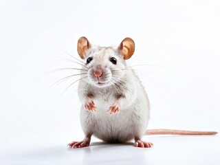 Cute white rat standing on its hind legs with alert expression against a plain background