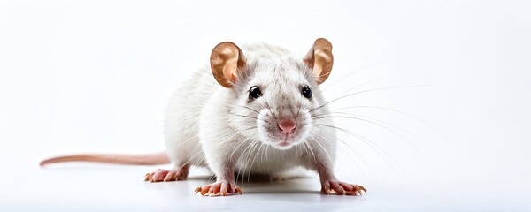 Cute white rat standing on a white surface with a curious expression and visible whiskers
