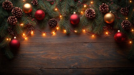 Festive arrangement of pine branches, ornaments, and warm lights creates a joyful ambiance.