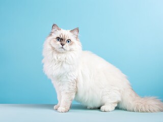 Fluffy white Persian cat with striking blue eyes poses gracefully against a pastel blue background