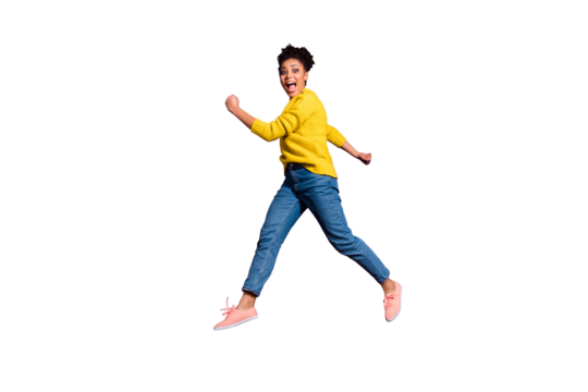 Full length body size profile side view portrait of her she nice attractive funny cheerful cheery ecstatic carefree wavy-haired girl having fun isolated over bright vivid shine violet background