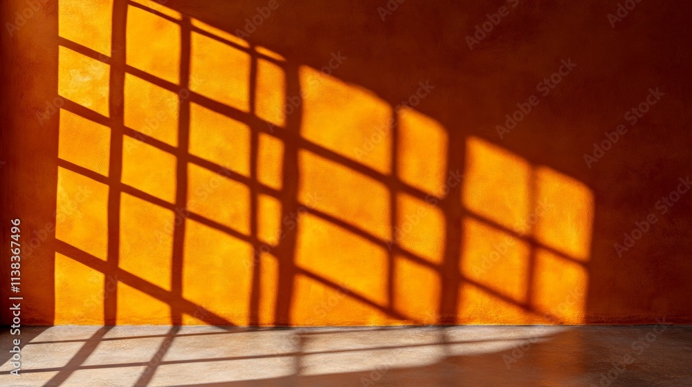 Poster sunlit abstract: a captivating play of light and shadow on a warm orange wall, creating a dynamic an