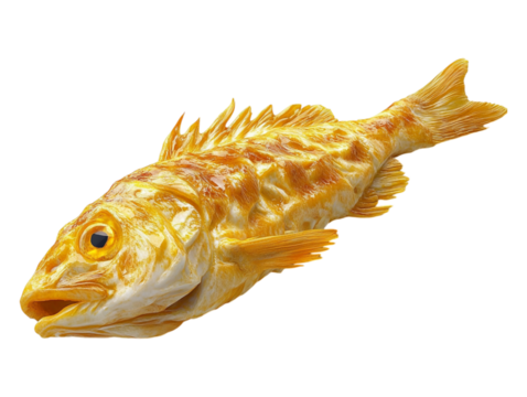 Fried fish displayed on a transparent background, ideal for seafood-related visuals, culinary designs, or restaurant menus.