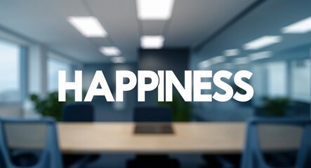 happiness lettering on blur corporate office background