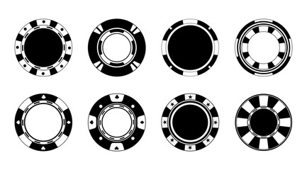 Isolates Poker chips icons vector set. Black Casino poker chip symbol. Gamble graphic elements collection, Entertainment clip art, vector stock