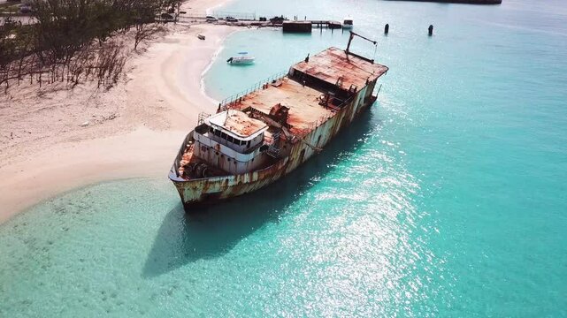 Flyover of shipwreck on the beach in Grand Turk in the Caribbean.
