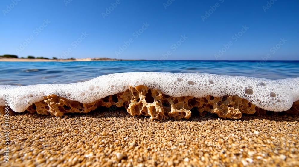 Poster foamy ocean waves crashing on sandy shore: a close-up view of foamy ocean waves crashing on a sandy 