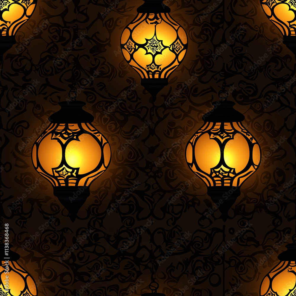 Poster a pattern of warm, glowing lanterns against a dark background, creating an inviting and decorative a