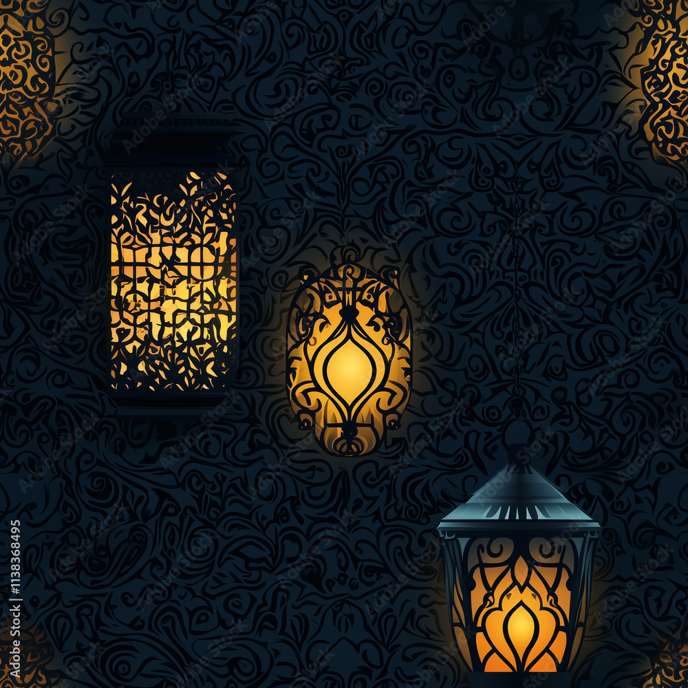 Aufkleber the image features ornate lanterns casting warm light against a dark, intricately patterned backgrou