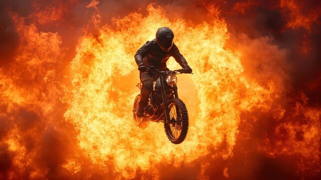 A stuntman jumping through a ring of fire on a motorcycle, highlighting dramatic risk