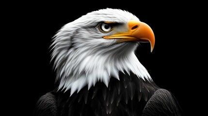 Fototapeta premium Close-up portrait of an American bald eagle, head and neck, against a black background, showcasing detailed plumage, sharp focus, and intense gaze..