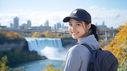 Malay tourist woman traveling and enjoying vacation at Niagara Falls