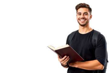 Young handsome college student holding a book, isolated on white background