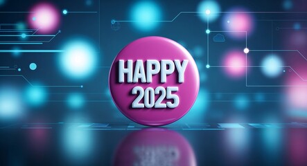 happy 2025 word lettering on a button in digital tech blur background