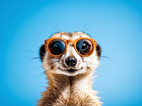 Meerkat wearing sunglasses enjoys a sunny day against a clear blue sky in a playful and humorous moment