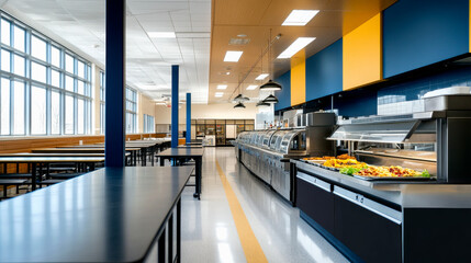 A modern cafeteria featuring bright colors, spacious seating, and a buffet area, designed for efficient dining and social interaction.
