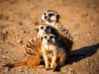Fototapeta premium Three meerkats huddle together on a warm sandy surface during the afternoon in a wild habitat