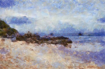 The island's beach landscape illustrated with chalk helps create an impressionistic painting.
