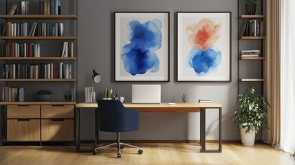 Modern Home Office Decor with Blue Abstract Art